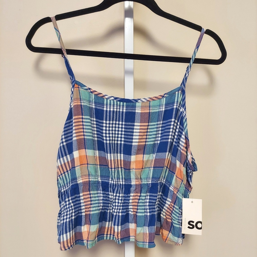 NWT SO Plaid Ruffle Cami Tank Top Women's XL Blue Orange Cottage Preppy Vacation
